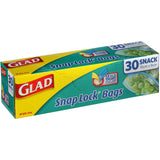 Glad Snaplock Plastic Bags in snack size, featuring a double lock seal, BPA-free, microwave and freezer safe for fresh food storage.