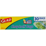 Glad Snaplock Plastic Bags in snack size (150x90mm), featuring double lock seal for freshness, BPA-free, and microwave/freezer safe.