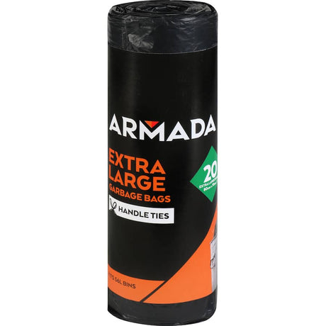 Extra large Armada rubbish bags in a 20-pack, designed for 56-litre bins with durable handle ties for easy lifting.