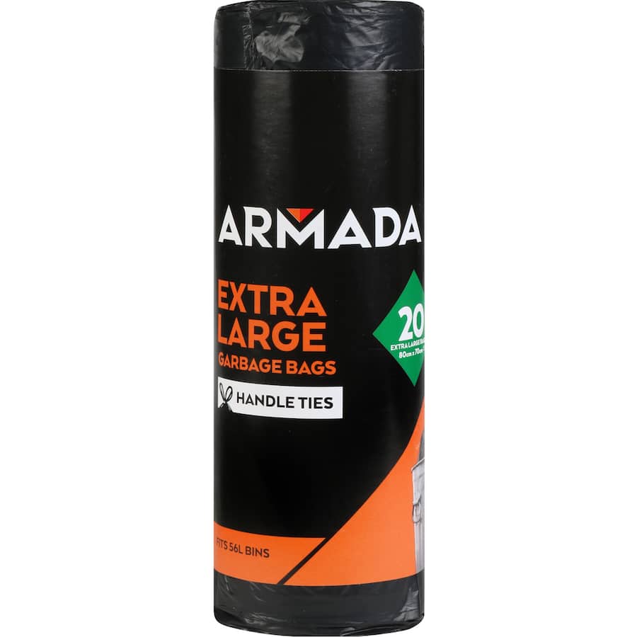 Extra large Armada rubbish bags in a 20-pack with handle ties, designed for 56-litre bins and heavy waste disposal.
