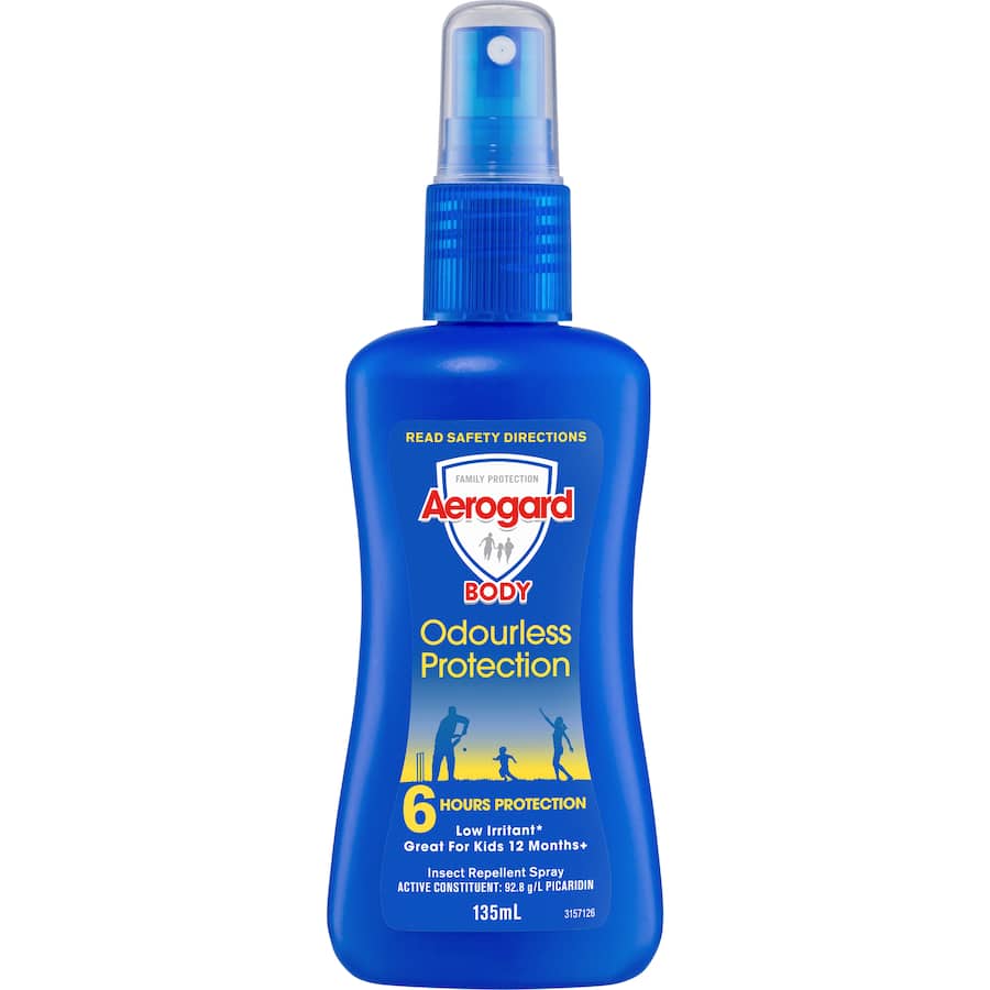 Aerogard Insect Repellent Odourless Pump Spray: 4-hour non-greasy protection against mosquitoes and biting insects for sensitive skin.