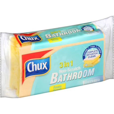 Chux Scourer 3 N 1 Foam Scrub with absorbent sponge, non-scratch scourer, and chamois for streak-free cleaning.