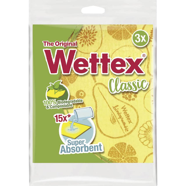 Super absorbent Wettex cleaning cloths in yellow, pink, and green; eco-friendly, biodegradable, perfect for versatile cleaning.