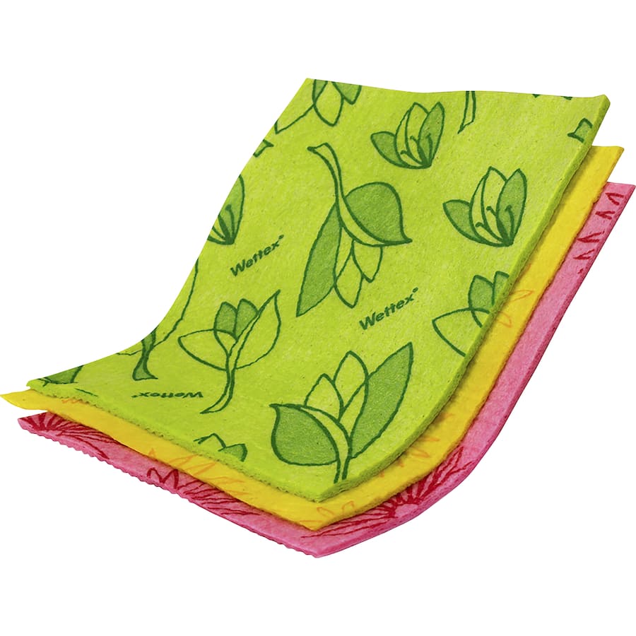 Assorted Wettex Cleaning Cloths in yellow, pink, and green; super absorbent, eco-friendly, biodegradable sponge for versatile cleaning.
