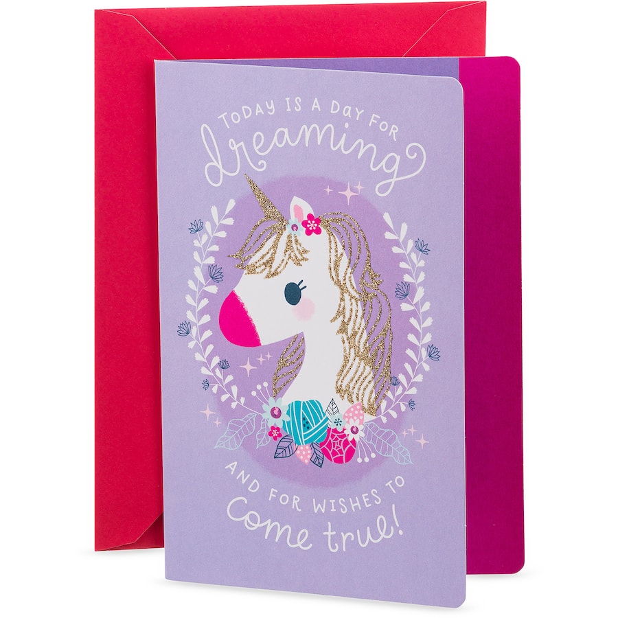 Vibrant Hallmark unicorn birthday card, perfect for celebrating her special day with whimsical design and personal message space.