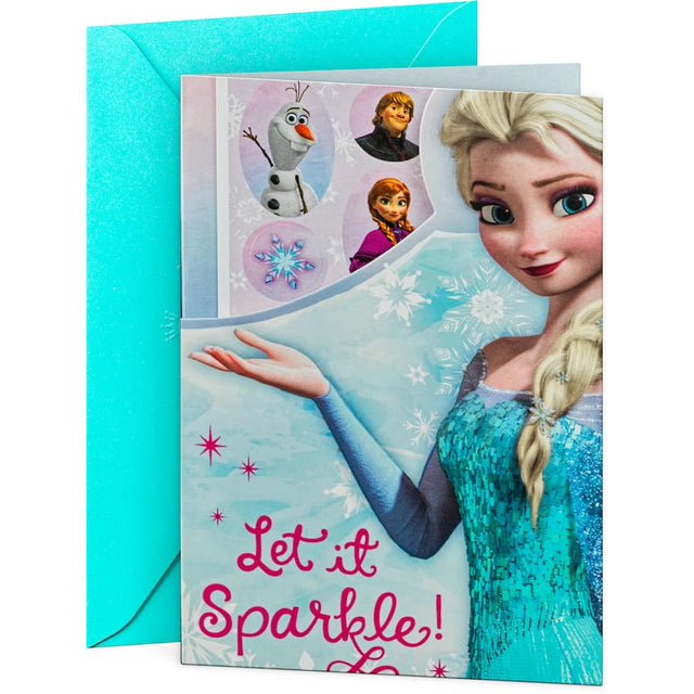 Colorful Hallmark Frozen birthday card featuring Elsa and Anna, perfect for celebrating magical moments and childhood joy.