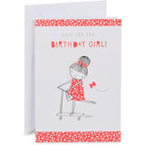 Pink birthday card for girls featuring whimsical illustrations and a blank interior for heartfelt messages.
