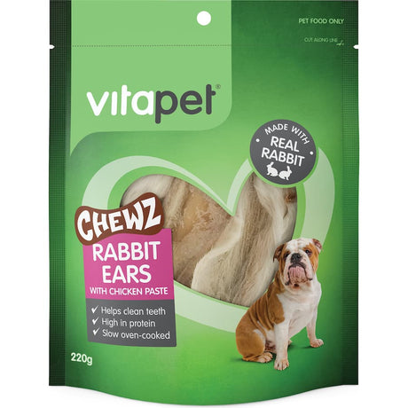 Vitapet Dog Treats Chewz Rabbit & Chicken Paste offers tasty, protein-rich chews that promote dental health for dogs.