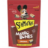 Delicious Schmackos Marrowbones dog treats with a meaty center and crunchy biscuit, enriched with vitamins and calcium.