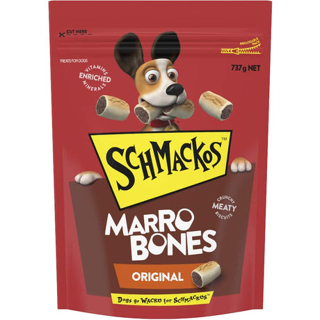 Delicious Schmackos Marrowbones dog treats with a meaty center and crunchy biscuit, enriched with vitamins and calcium.