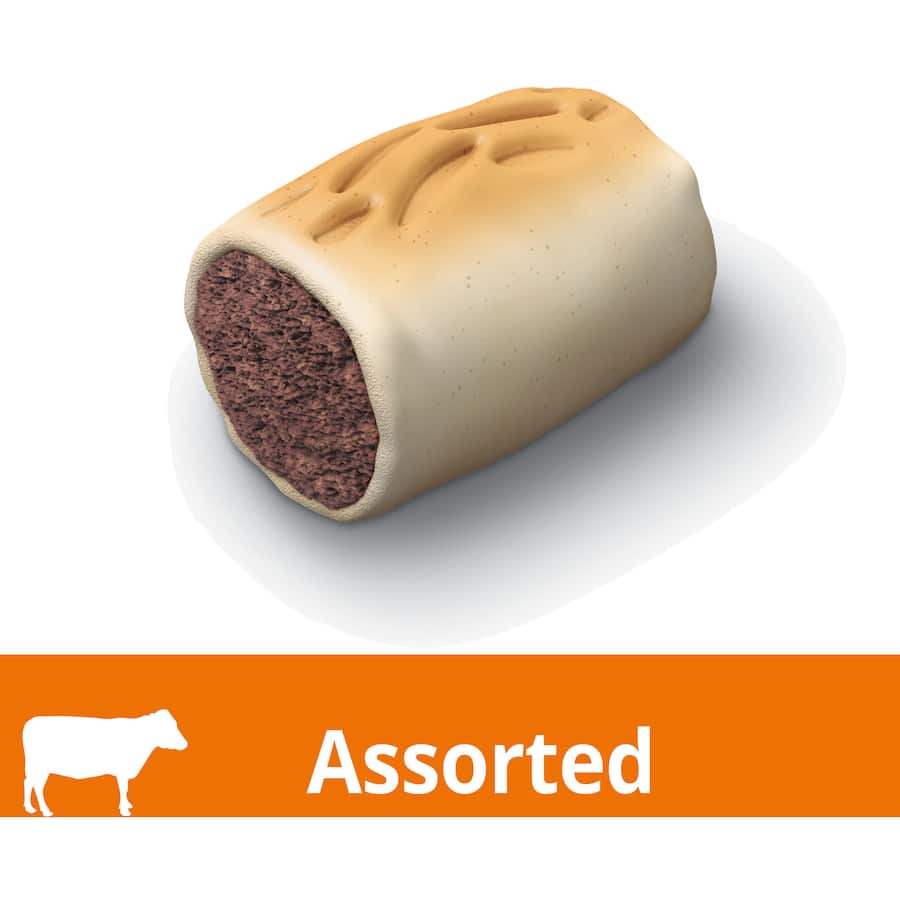 Schmackos Dog Treats Marrowbones featuring a meaty center and crunchy biscuit, enriched with vitamins and calcium for dogs.