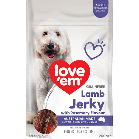 Love Em Dog Treats Lamb Jerky with Rosemary - Grain-free, nutritious treats made from Australian lamb for healthy skin and shiny coat.