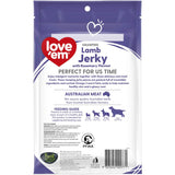 Love Em Lamb Jerky Dog Treats with Rosemary, made from Australian lamb, grain-free, supports skin health, ideal for training.