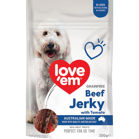 Delicious grain-free beef jerky dog treats with tomato, rich in Omega fatty acids for a healthy coat and meaty flavor.