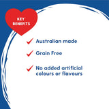 Love Em Dog Treats Beef Jerky with Tomato, grain-free, meaty, chewy, enriched with Omega fatty acids for healthy skin.