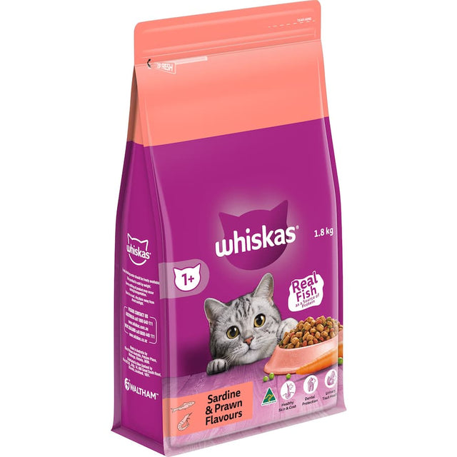 Whiskas Dry Cat Food Sardine & Prawn, nutrient-rich kibble for happy cats, featuring real fish for health and vitality.