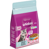 Whiskas Kitten Dry Cat Food with Chicken & Tuna promotes healthy growth with 41 nutrients and smaller kibble for easy chewing.