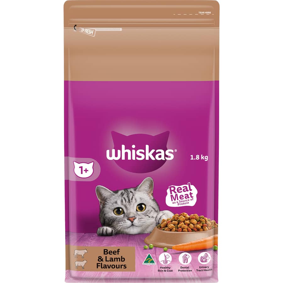 Whiskas Senior Dry Cat Food Beef & Lamb, high-protein kibble for healthy older cats, supports muscular health and shiny coats.