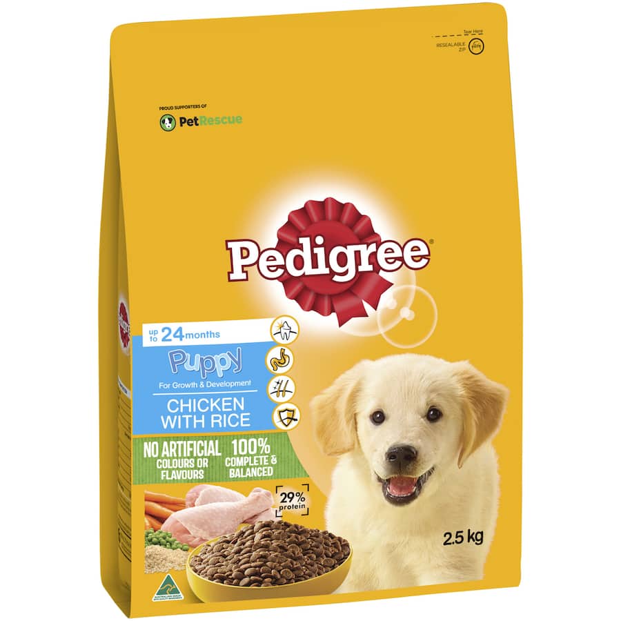 Pedigree Puppy Dry Dog Food Chicken & Rice 2.5kg bag, formulated for optimal growth, with chicken, rice, and vital nutrients.
