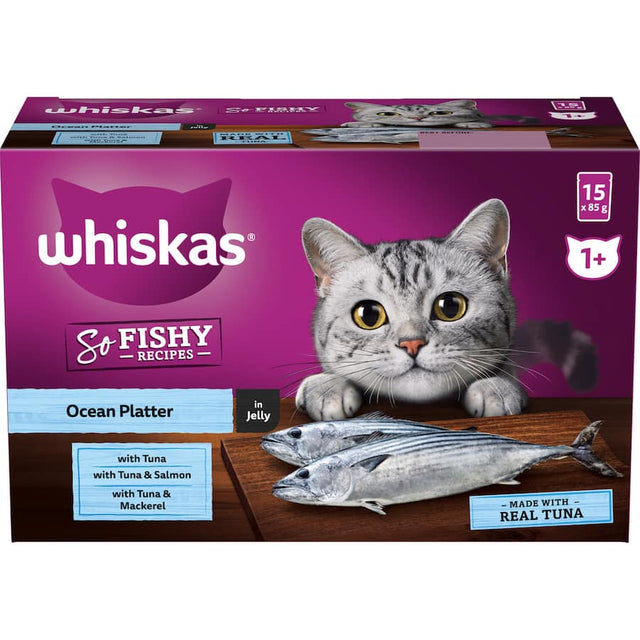 Whiskas Wet Cat Food Ocean Platter in Jelly, featuring real fish, supports hydration, healthy skin, and a balanced diet for cats.
