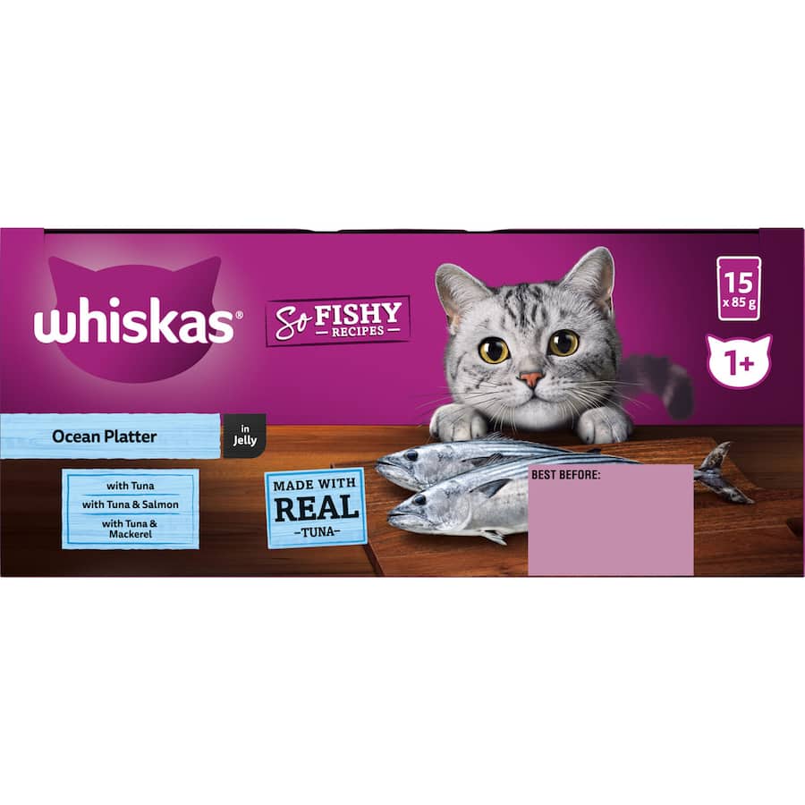 Whiskas Wet Cat Food Ocean Platter: gourmet fish meal in jelly for adult cats, rich in protein and nutrients for health.