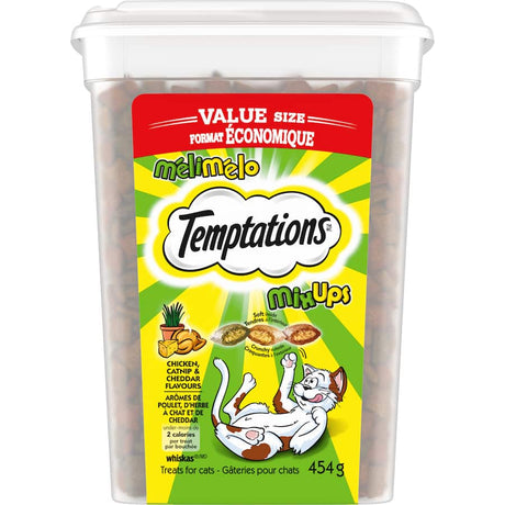 Temptations Mix Ups Cat Treats in Chicken, Catnip & Cheddar flavors, featuring crunchy shells and soft centers for happy cats.