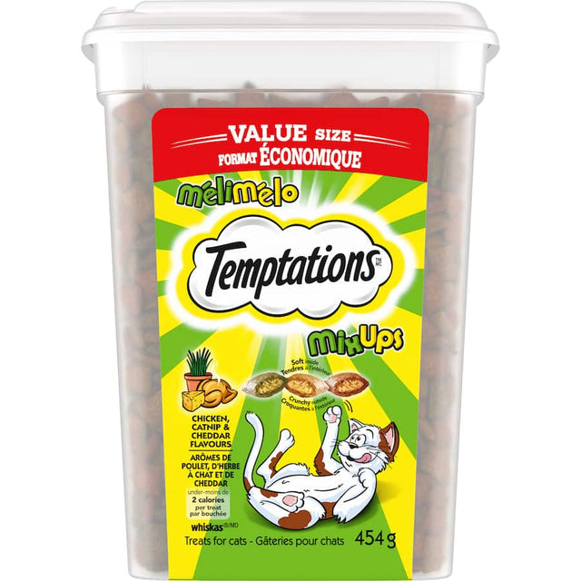 Temptations Mix Ups Cat Treats in Chicken, Catnip & Cheddar flavors, featuring crunchy shells and soft centers for happy cats.
