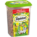 Temptations Mix Ups Cat Treats in a resealable tub offer chicken, catnip, and cheddar flavors, perfect for rewarding your cat.
