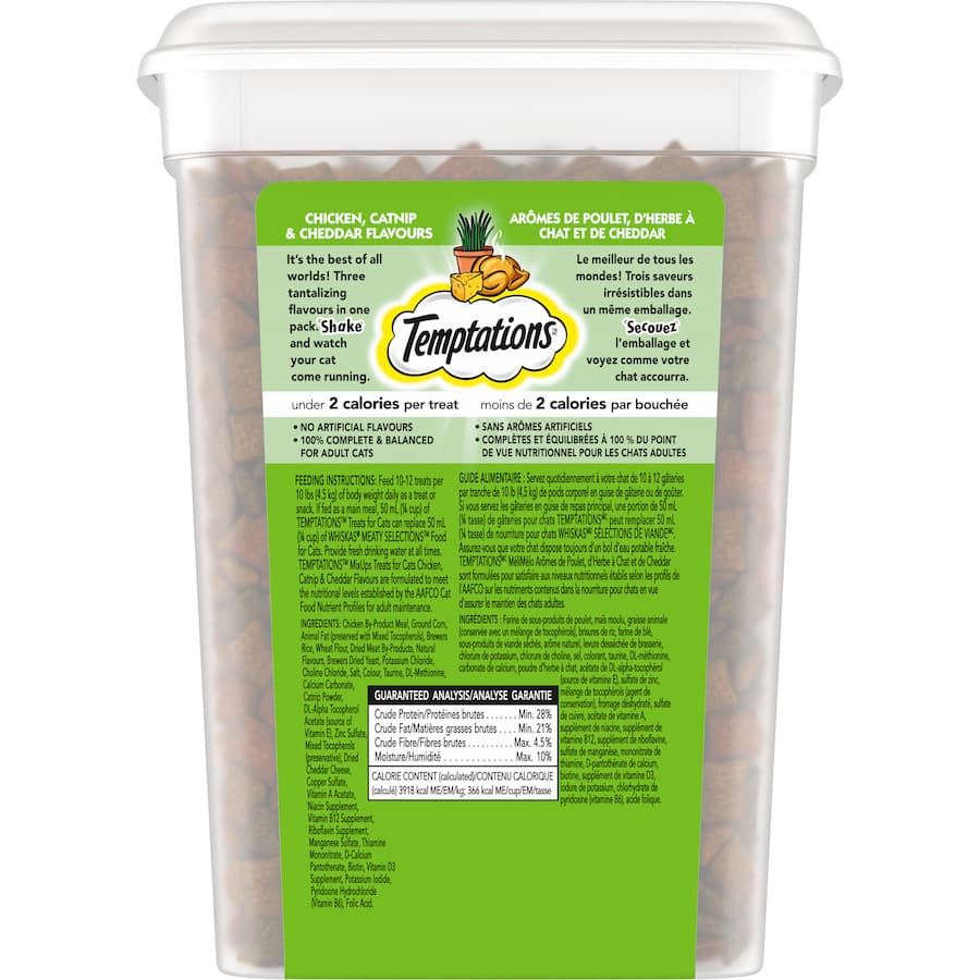 Temptations Mix Ups Cat Treats in Chicken, Catnip & Cheddar, featuring crunchy shells and soft centers, perfect for rewarding cats.