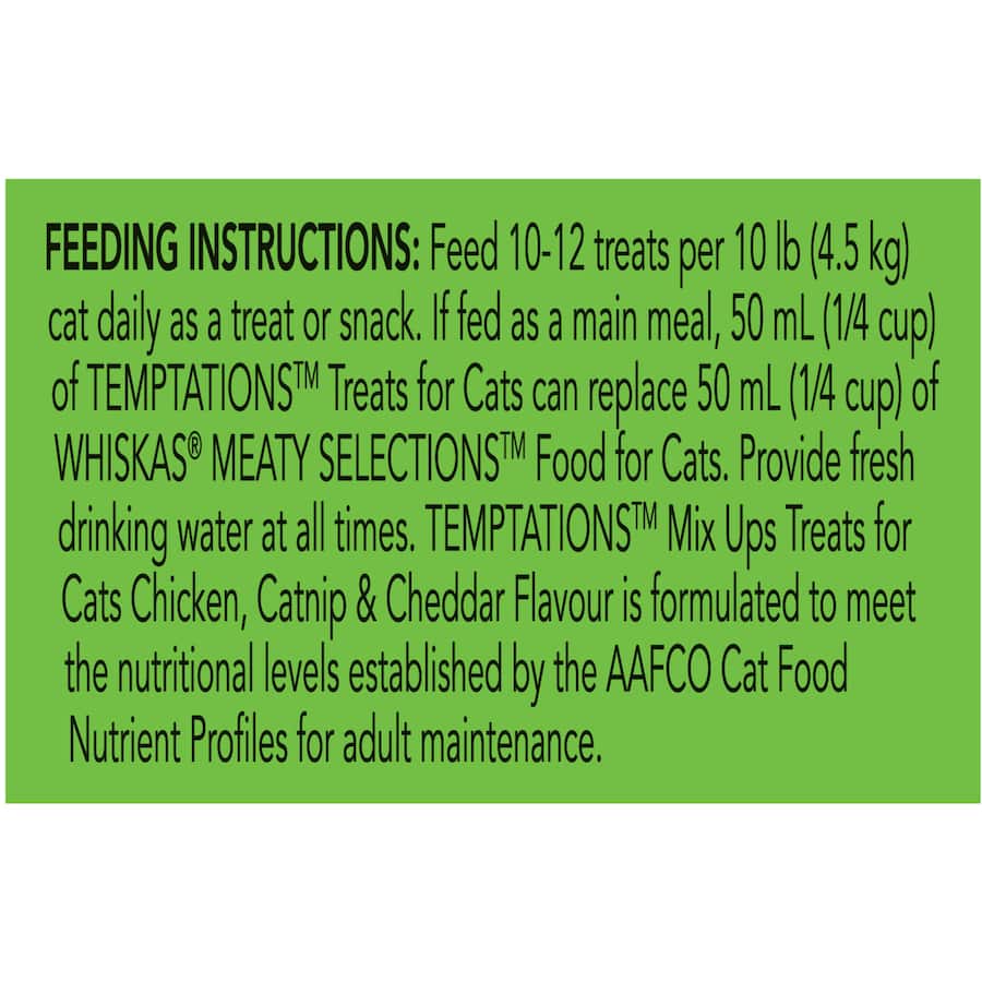 Temptations Mix Ups Cat Treats in a resealable tub with chicken, catnip, and cheddar flavors for happy, healthy cats.