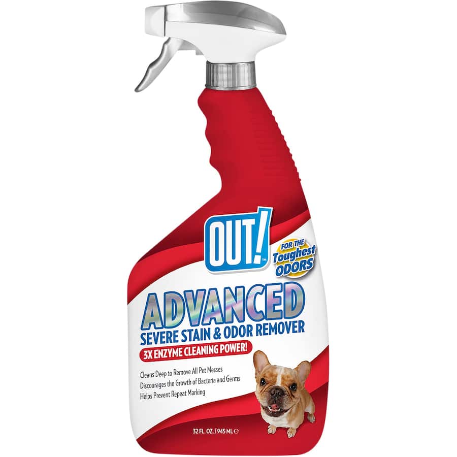 Out Advanced Pet Care Severe Stain & Odor Remover spray bottle, effective against tough pet stains and odors for a cleaner home.
