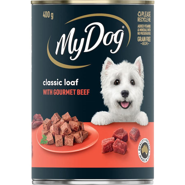 Gourmet beef wet dog food in a 400g can, packed with essential vitamins and minerals for a balanced diet.