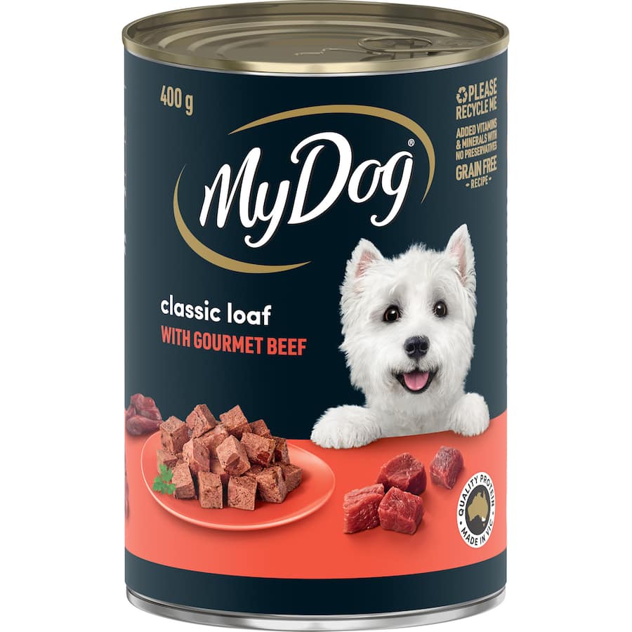 Gourmet beef wet dog food in a 400g can, crafted for nutrition and irresistible flavor, perfect for discerning pups.