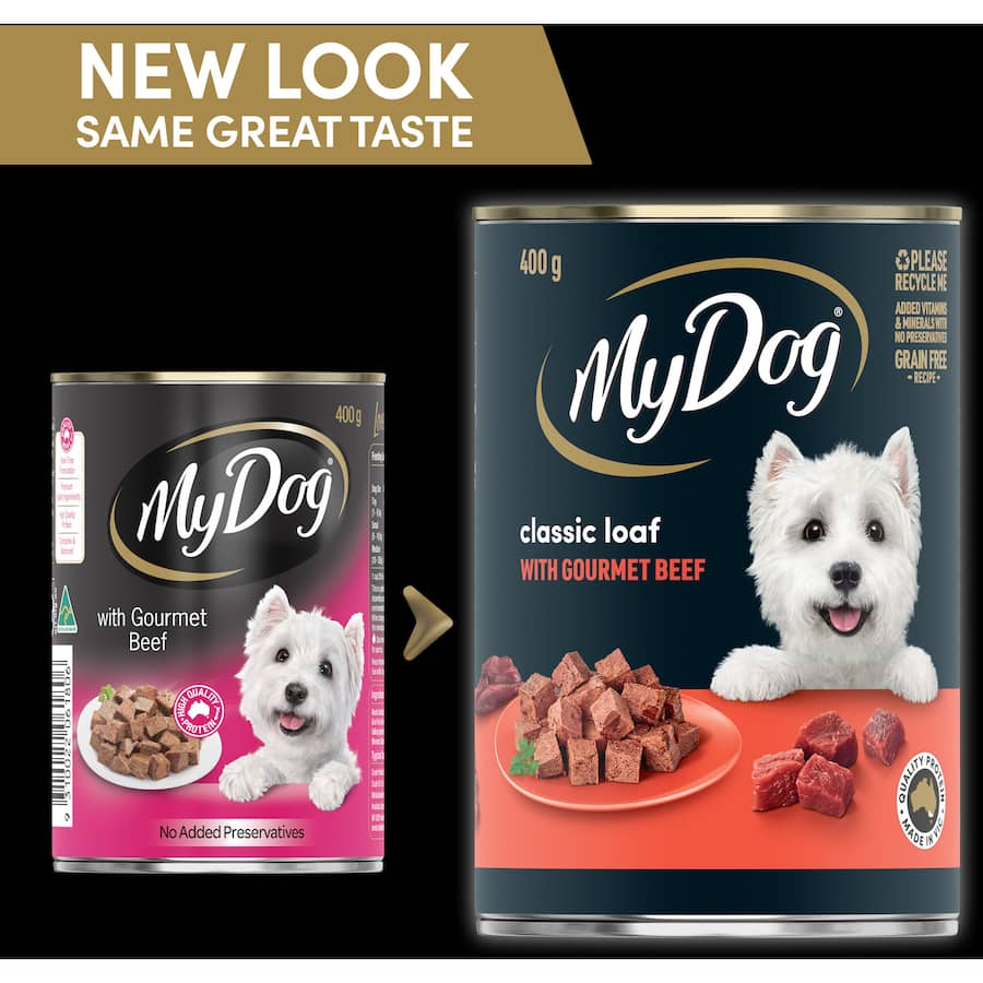 Gourmet beef wet dog food in a 400g can, nutritious and preservative-free, perfect for discerning dogs' meals.