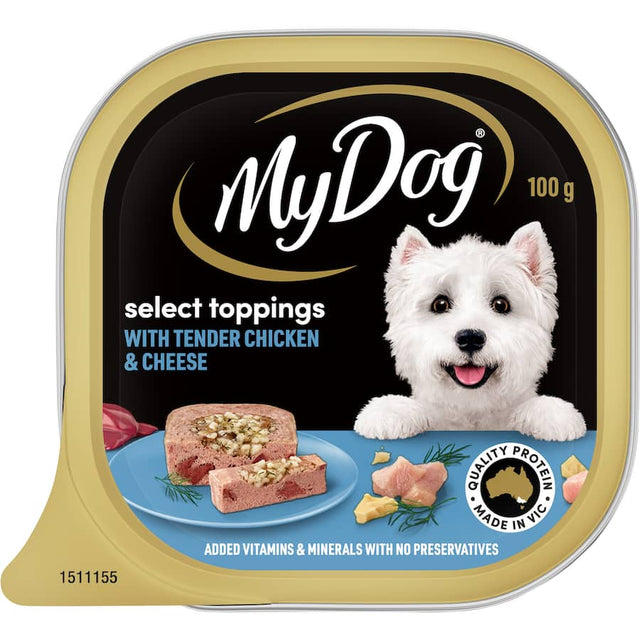 Premium wet dog food featuring tender Australian chicken and a delicious cheese topping in a 100g tray for optimal nutrition.