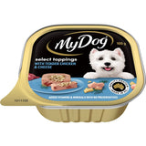 Tender chicken and cheese wet dog food in a 100g tray, rich in flavors and packed with essential nutrients for dogs.