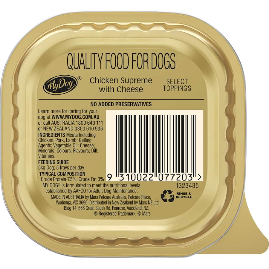 Wet dog food tray featuring tender Australian chicken with cheese topping for a balanced, flavorful meal for dogs.