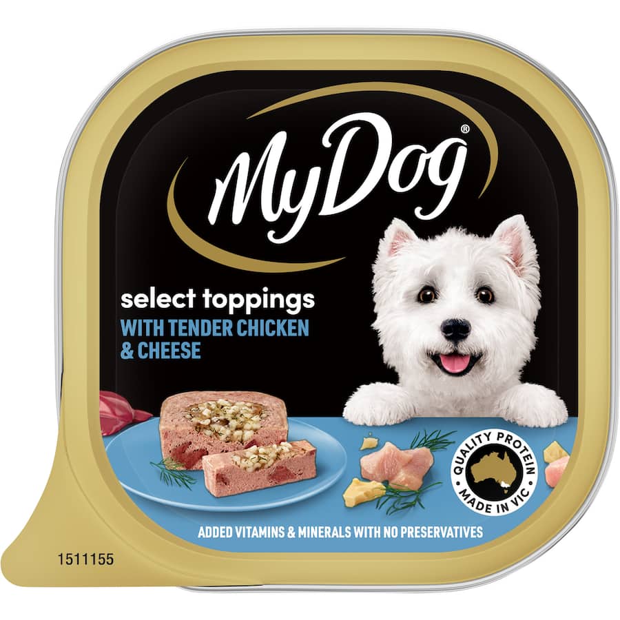 My Dog Wet Dog Food Chicken Supreme With Cheese in a 100g tray, featuring tender chicken and a delicious cheese topping.