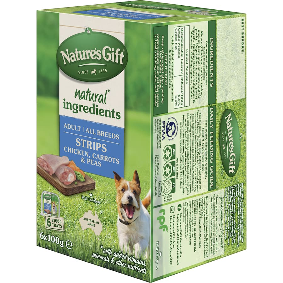 Nature's Gift Wet Dog Food Strips featuring chicken, peas, and carrots for a nutritious, meaty meal for adult dogs.