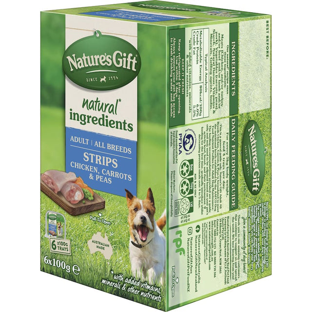 Nature's Gift Wet Dog Food Strips featuring chicken, peas, and carrots for a nutritious, meaty meal for adult dogs.