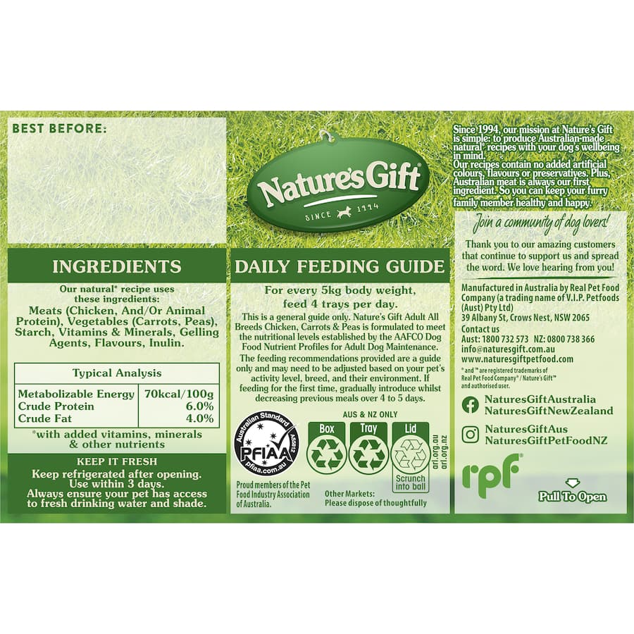 Nature's Gift Wet Dog Food Strips featuring chicken, carrots, and peas in a value pack for nutritious adult dog meals.