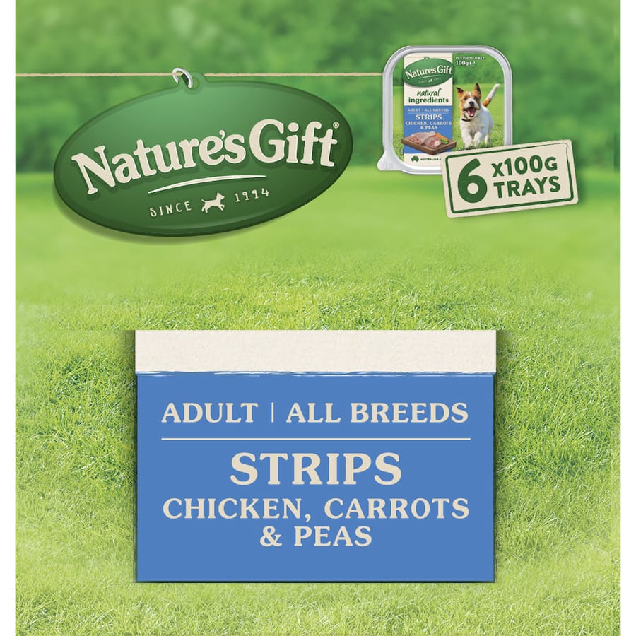 Wet dog food strips with real chicken, carrots, and peas, providing nutritious meals for adult dogs.