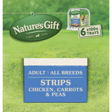 Wet dog food strips with real chicken, carrots, and peas, providing nutritious meals for adult dogs.
