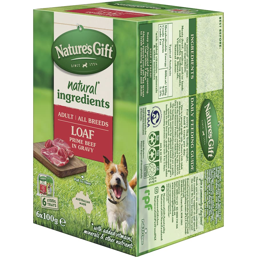"Nature's Gift Wet Dog Food loaf with prime beef in gravy, offering quality nutrition and irresistible flavor for dogs."
