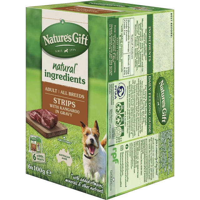 Nature's Gift Wet Dog Food Strips featuring kangaroo meat in delicious gravy, offering balanced nutrition for all dog life stages.