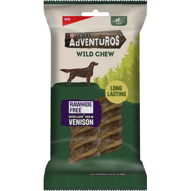Purina Adventuros Dog Treats with a soft venison layer, designed for long-lasting chewing and dental health.