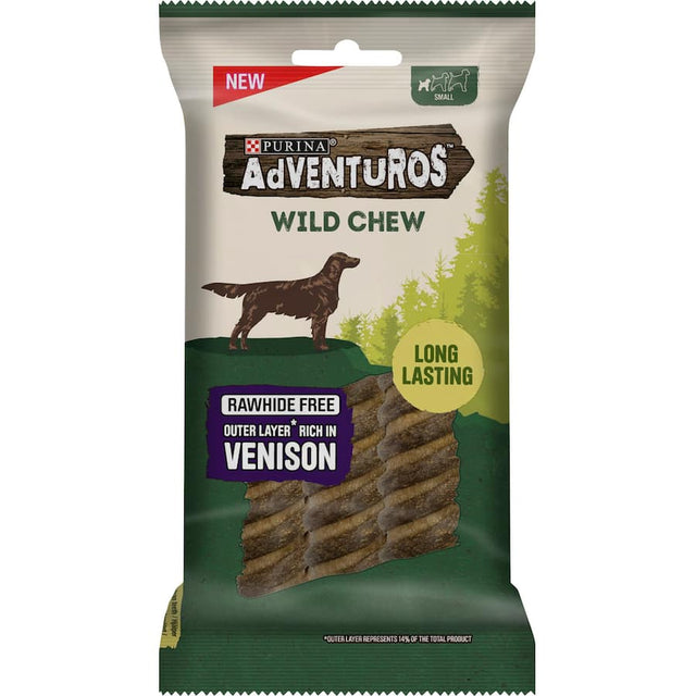 Purina Adventuros Dog Treats feature a venison chew with a soft layer, promoting healthy chewing and clean teeth for dogs.