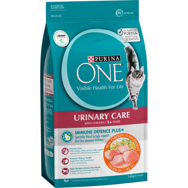 Purina One Dry Cat Food Chicken Urinary Care bag, featuring essential nutrients for urinary health and immune support.