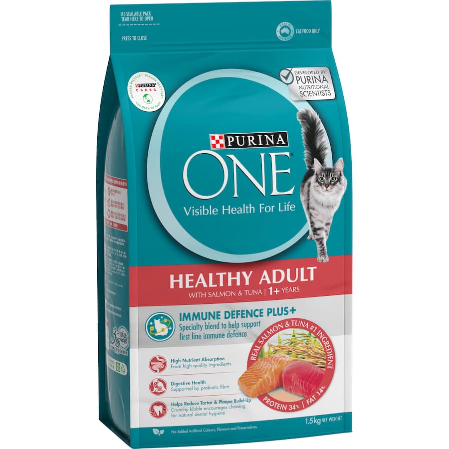 Purina One Dry Cat Food Salmon & Tuna, premium nutrition for adult cats with high-quality protein and immune support.