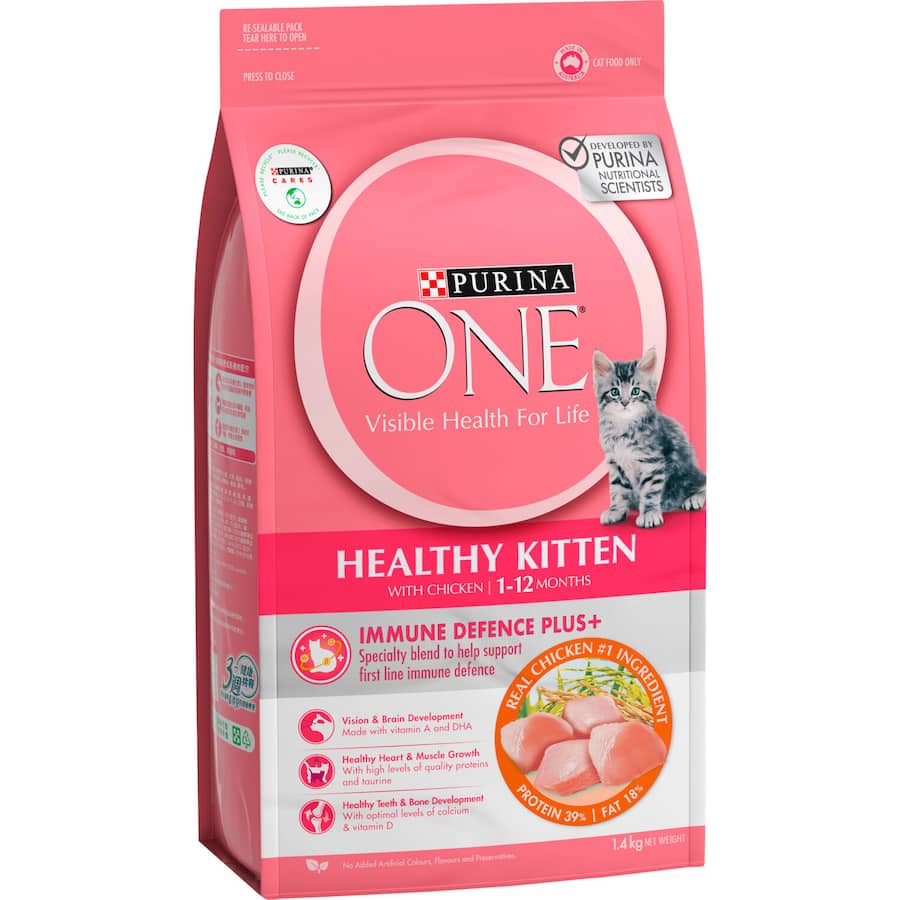 Purina One Kitten Dry Cat Food Chicken, featuring real chicken, supports kitten growth with essential nutrients for health and vitality.